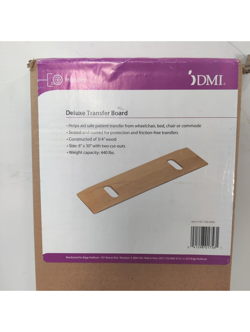 DMI Deluxe Wooden Patient Transfer Board with Cutout Handles 8x30 In Box 440 lbs